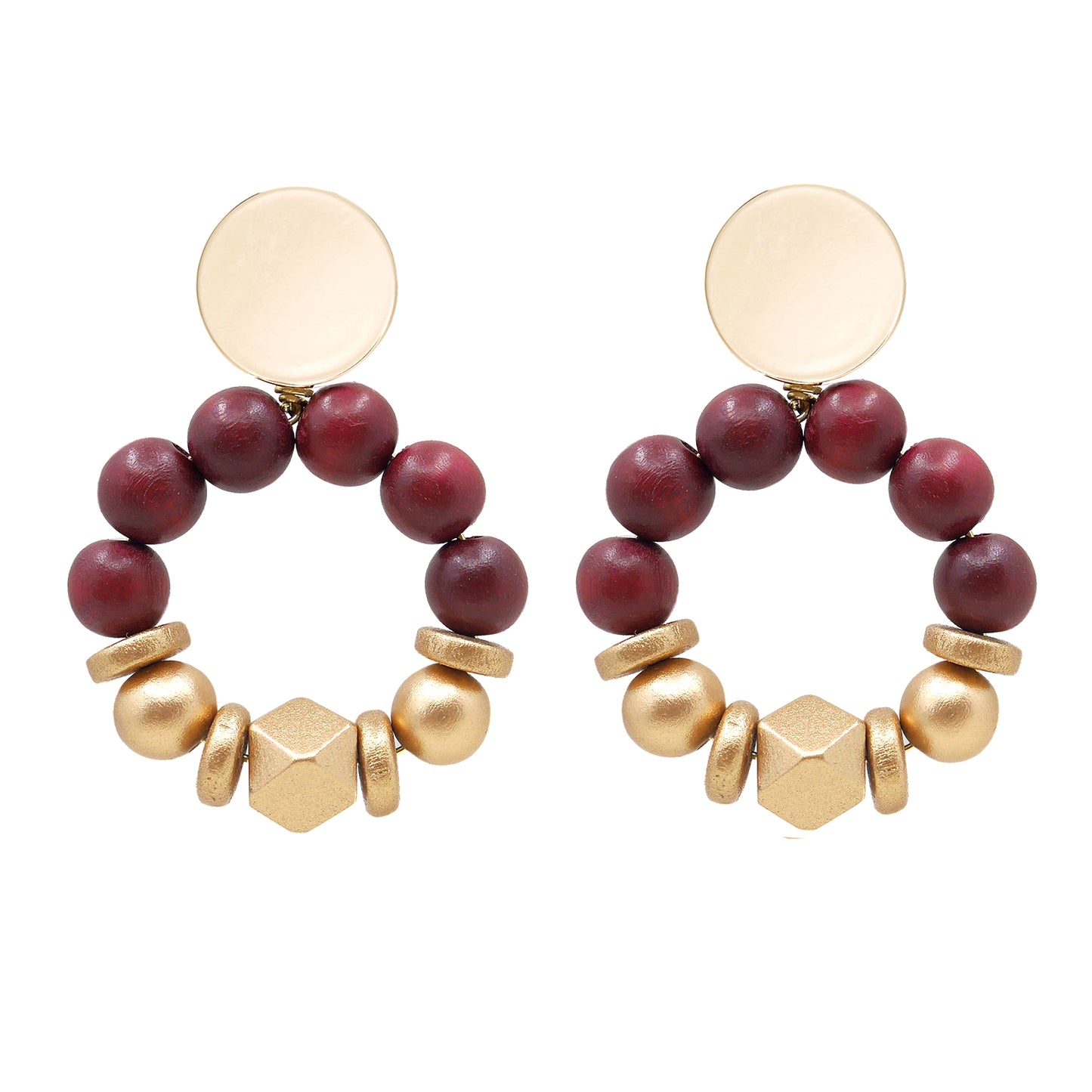 THE SASHA Maroon & Gold Wooden Bead Statement Earrings