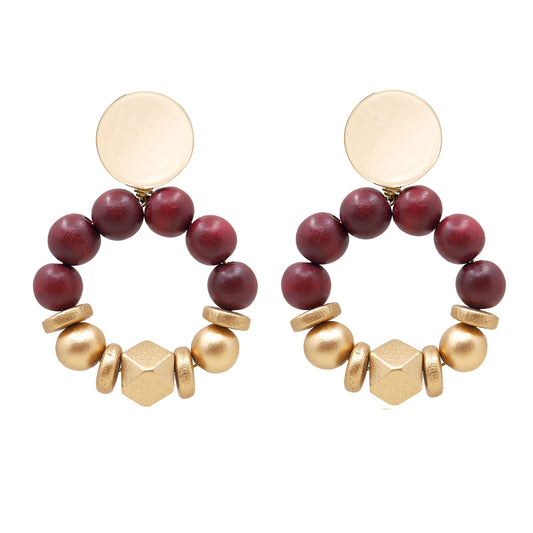 THE SASHA Maroon & Gold Wooden Bead Statement Earrings