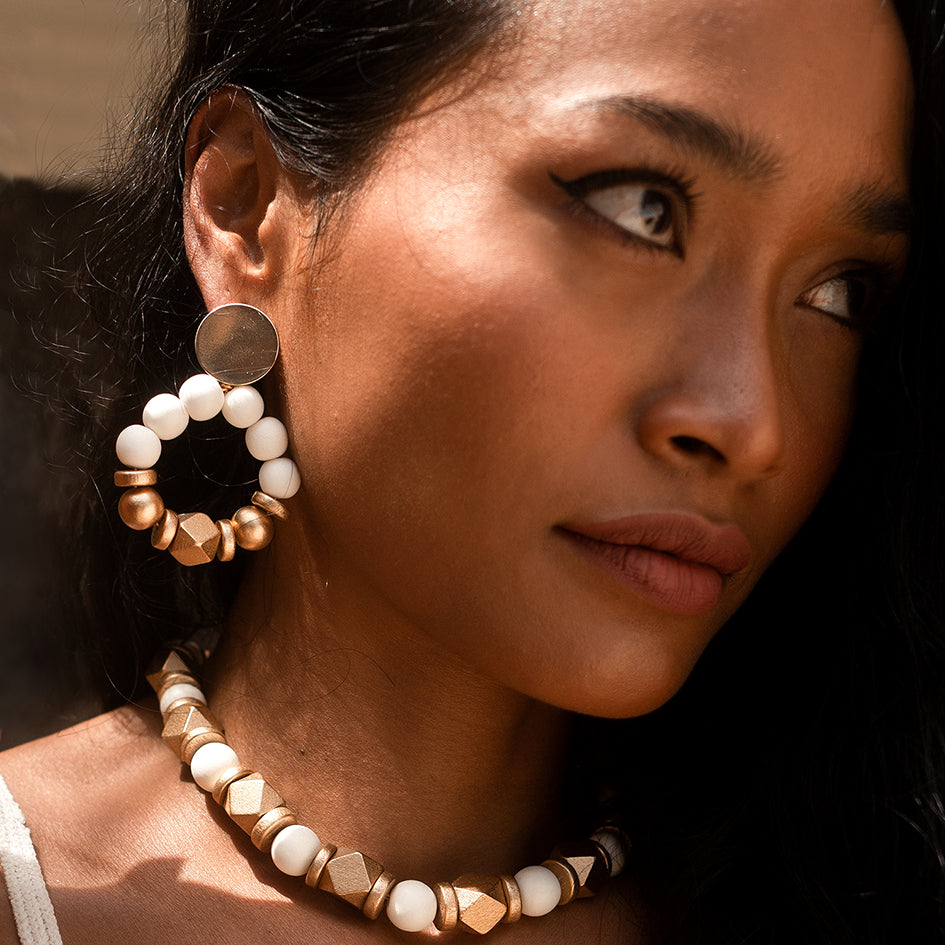 THE SASHA White & Gold Wooden Bead Statement Earrings