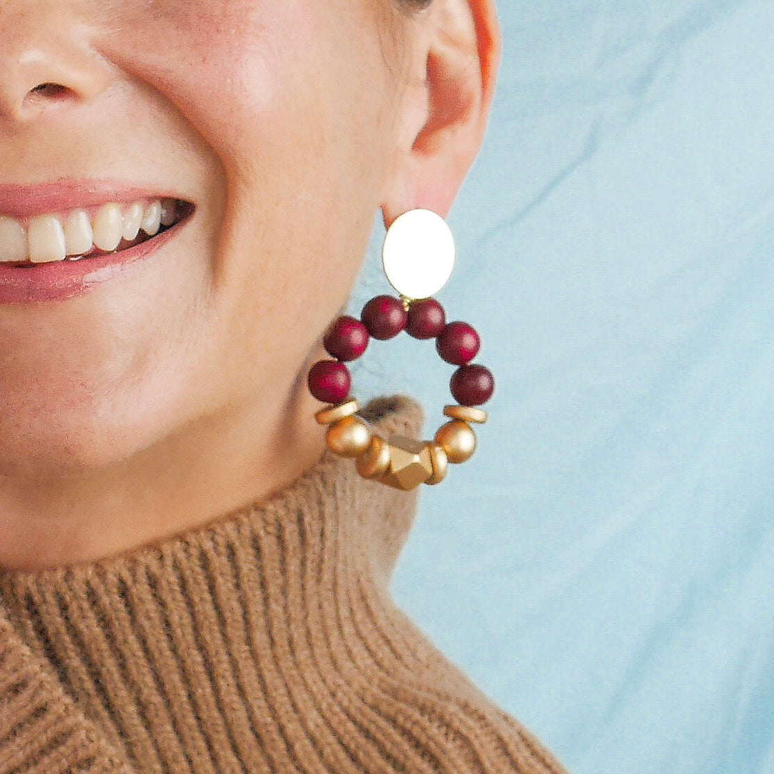 THE SASHA Maroon & Gold Wooden Bead Statement Earrings