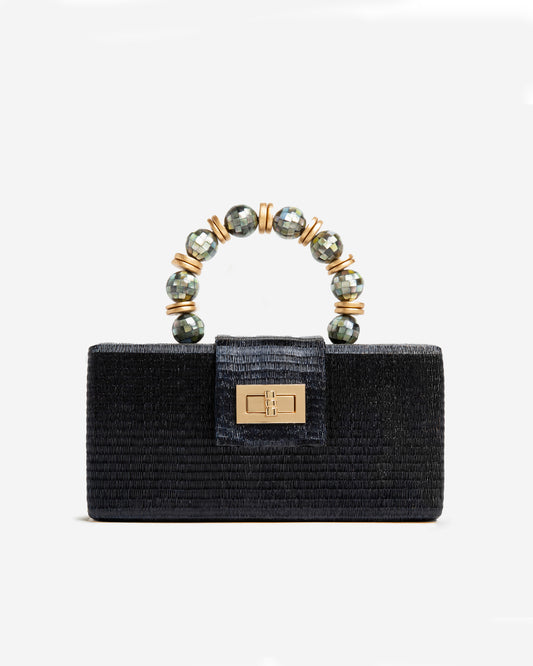 THE SERENA Black Clutch with Shell Inlay Bead Handle