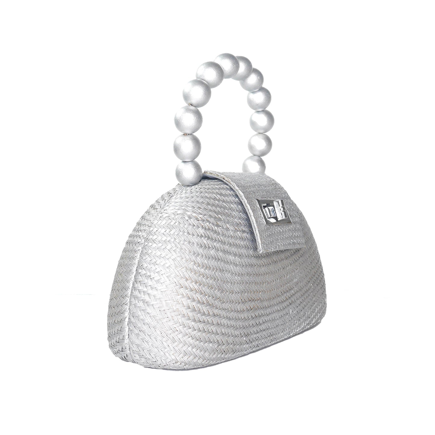 THE ORLA Silver Woven Straw & Wooden Bead Statement Clutch Bag