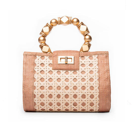 THE MILA Tan, White & Gold Rattan Woven Handbag