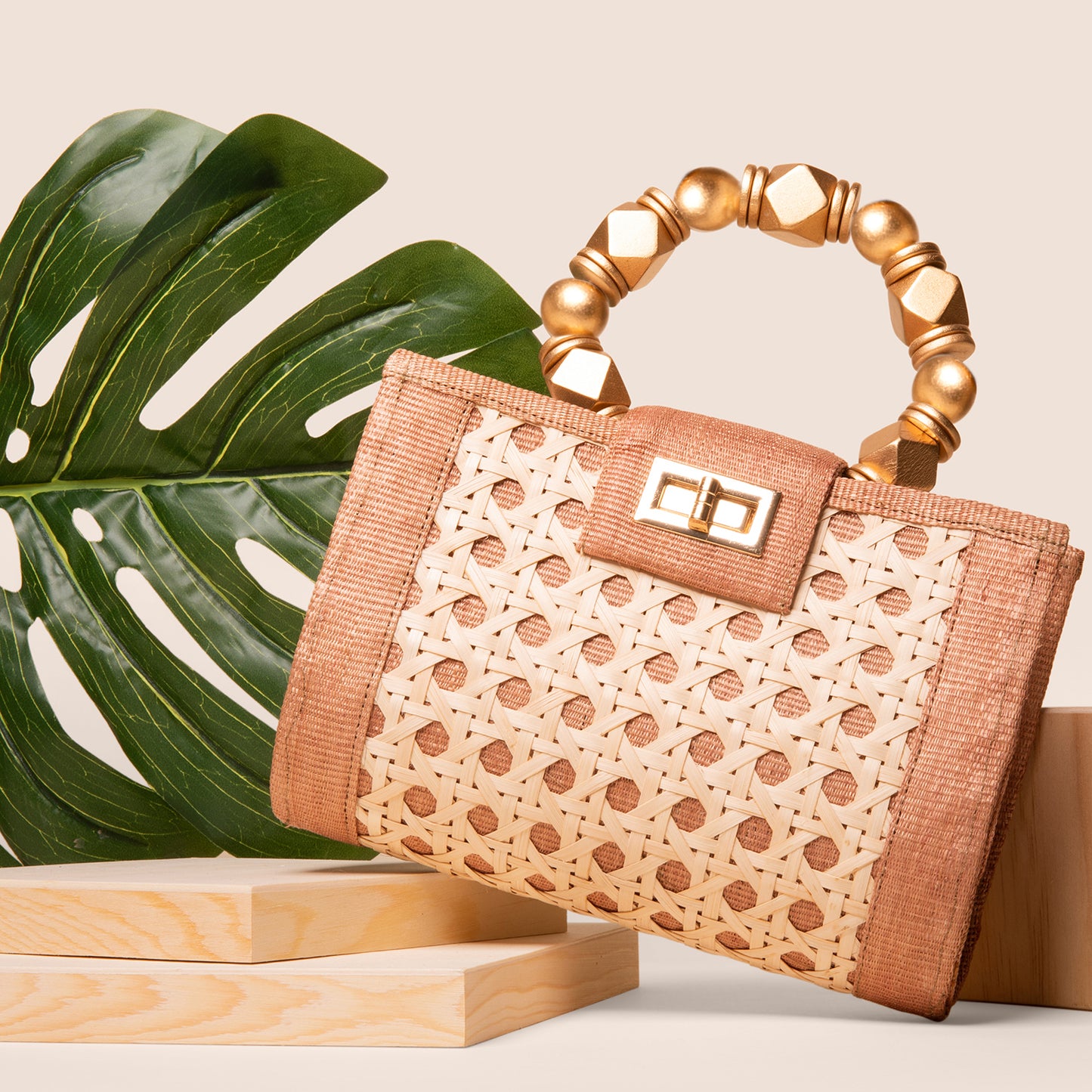 THE MILA Tan, White & Gold Rattan Woven Handbag