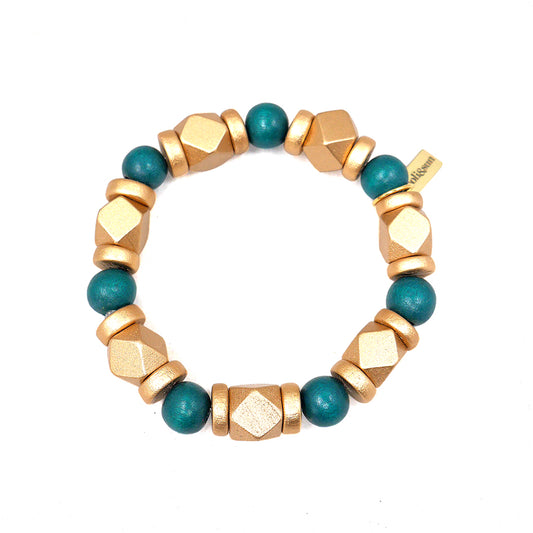 THE JENNY Teal Green & Gold Wooden Bead Bracelet