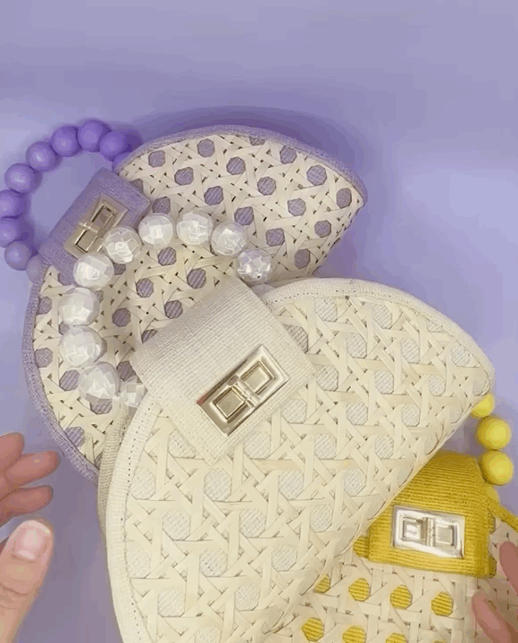 THE BELLA Cream & Shell Inlay Bead Rattan Woven Handbag