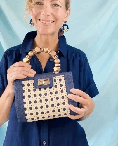 THE MILA Navy Blue & Gold Rattan Woven Handbag