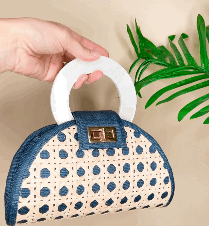 THE RUTHIE Navy Blue & Mother Of Pearl Rattan Woven Handbag