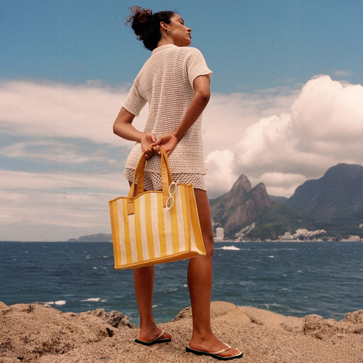 THE MARA Yellow & Cream Woven Straw & Leather Shopper Tote Bag