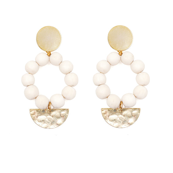 White wooden bead & gold pendant earrings