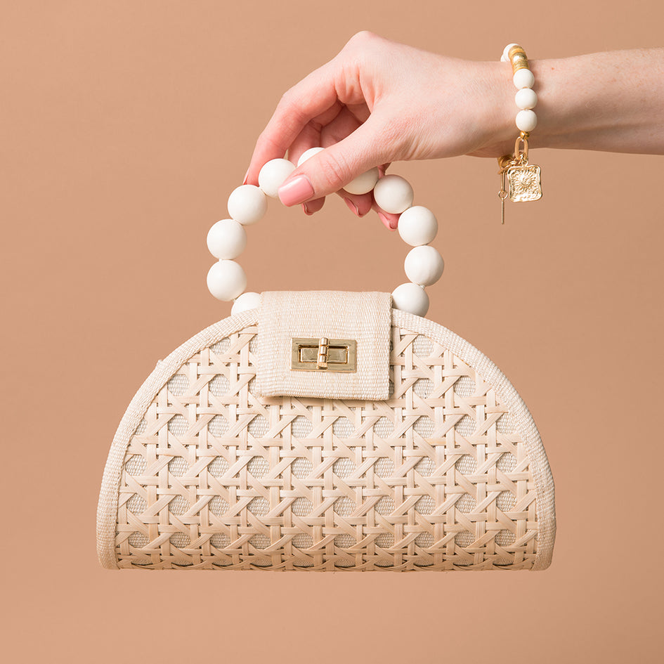 THE BELLA Cream & White Rattan Woven Handbag