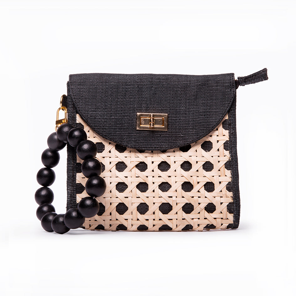 THE DAVINA Black Rattan Woven Wristlet Purse