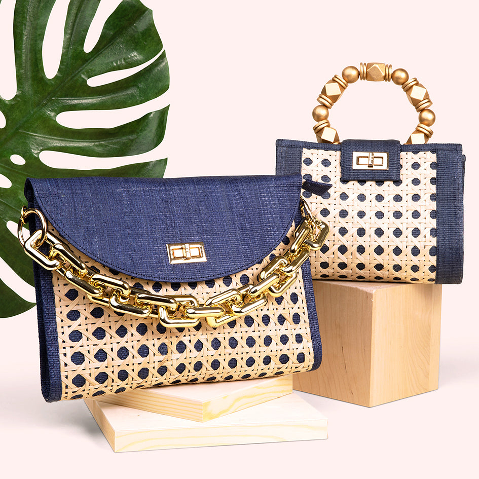 THE SOLEIL Navy Blue Rattan Woven Clutch With Large Gold Chain