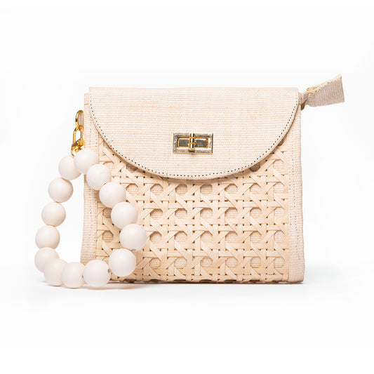 THE DAVINA Cream & White Rattan Woven Wristlet Purse