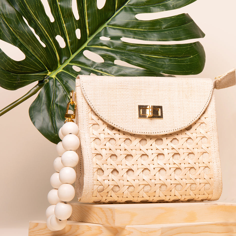 The Davina Cream Woven Rattan Purse, Soli & Sun