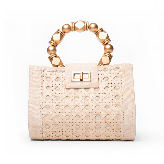 THE MILA Cream & Gold Rattan Woven Handbag