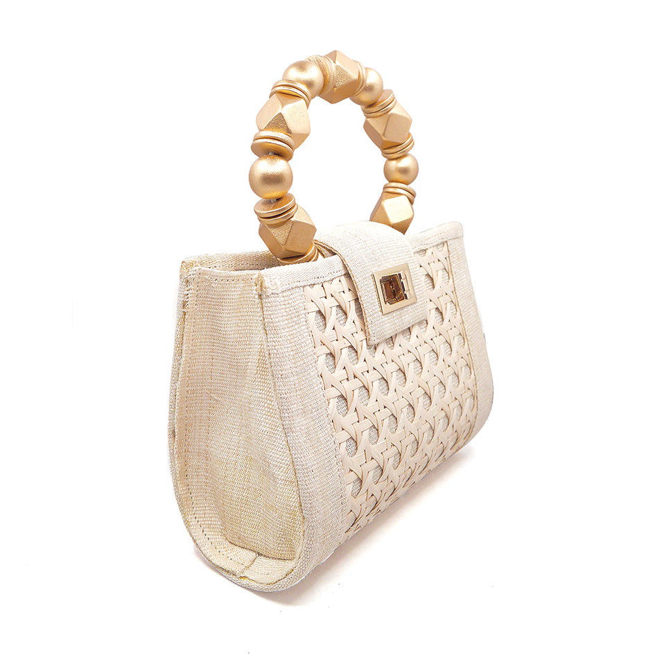 THE MILA Cream & Gold Rattan Woven Handbag