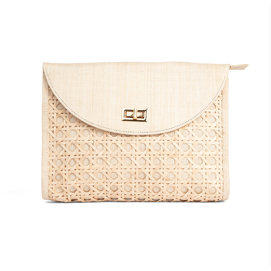 THE SOLEIL Cream Rattan Woven Clutch With Large Gold Chain