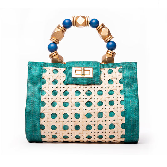 THE MILA Green, Blue & Gold Rattan Woven Handbag