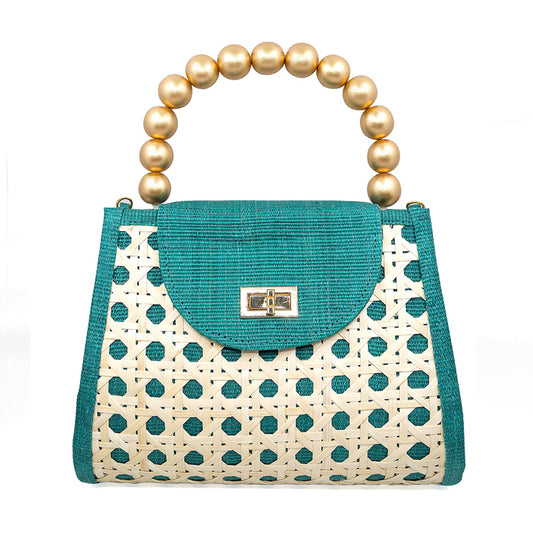 THE SIENNA Emerald Green & Gold Rattan Woven Handbag
