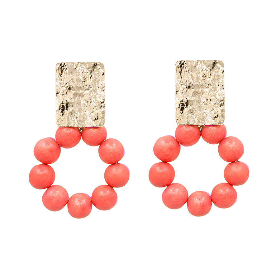 THE JAYNIE Coral & Gold Round Wooden Bead Earrings