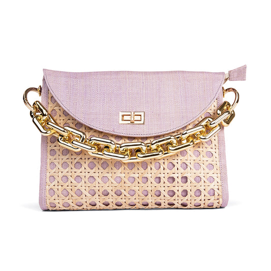 THE SOLEIL Lilac Rattan Woven Clutch With Large Gold Chain