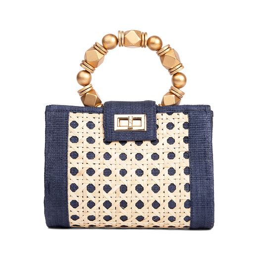 THE MILA Navy Blue & Gold Rattan Woven Handbag