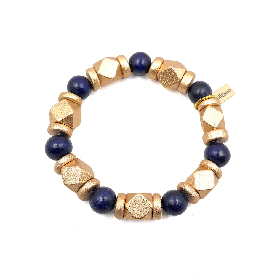 THE JENNY Navy Blue & Gold Wooden Bead Bracelet
