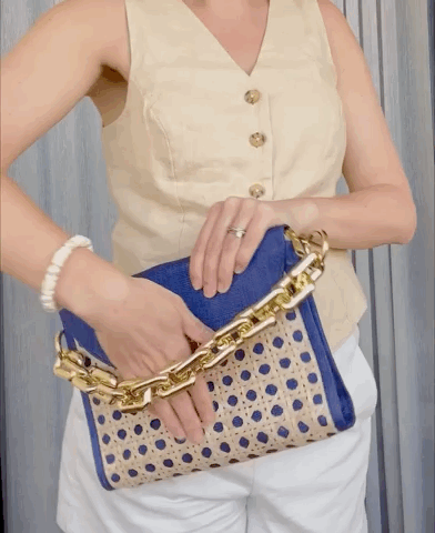 THE SOLEIL Navy Blue Rattan Woven Clutch With Large Gold Chain