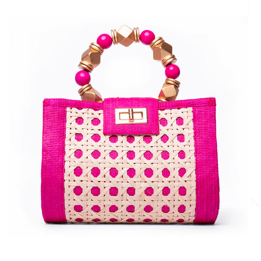 THE MILA Pink & Gold Rattan Woven Handbag