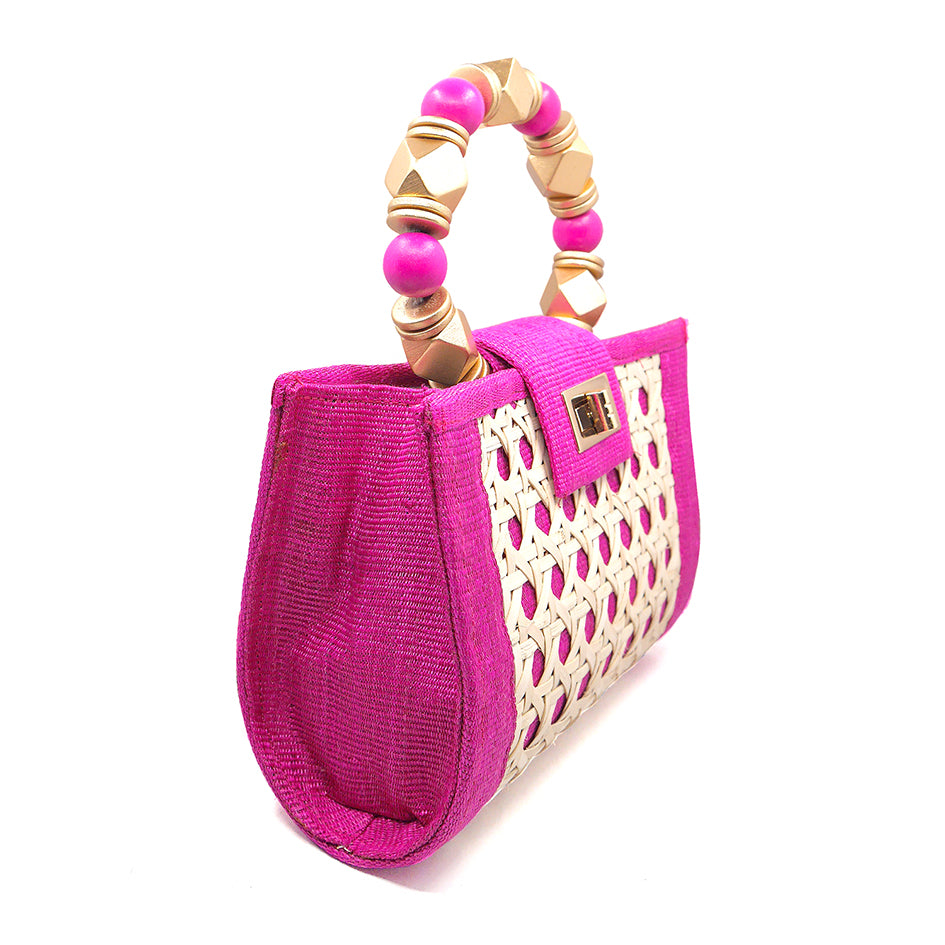 THE MILA Pink & Gold Rattan Woven Handbag
