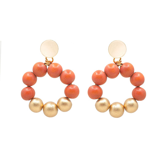THE POPPY Orange & Gold Wooden Bead Earrings
