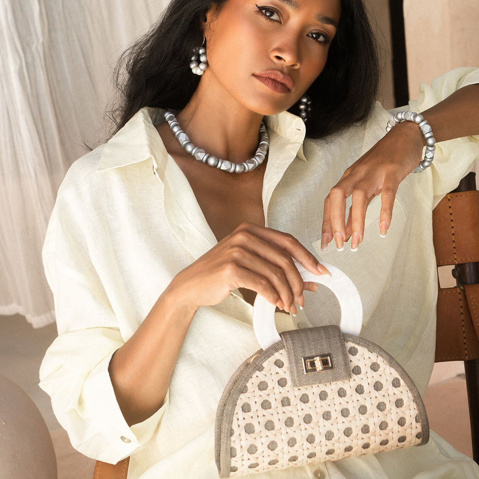 THE RUTHIE Grey & Mother Of Pearl Rattan Woven Handbag