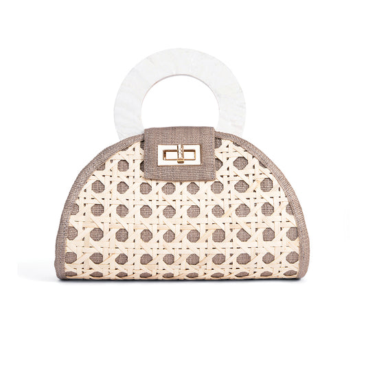 THE RUTHIE Grey & Mother Of Pearl Rattan Woven Handbag