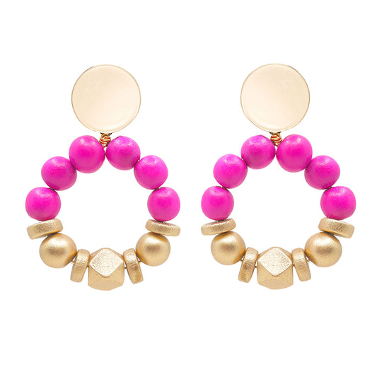 THE SASHA Pink & Gold Wooden Bead Statement Earrings