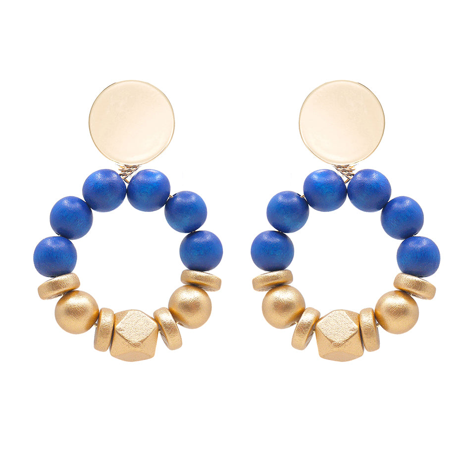 THE SASHA Blue & Gold Wooden Bead Statement Earrings