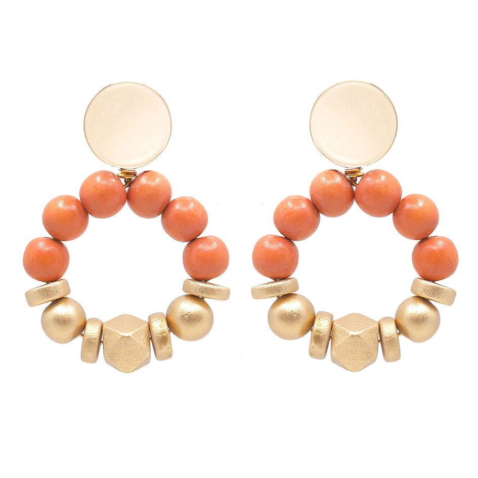 THE SASHA Orange & Gold Wooden Bead Statement Earrings