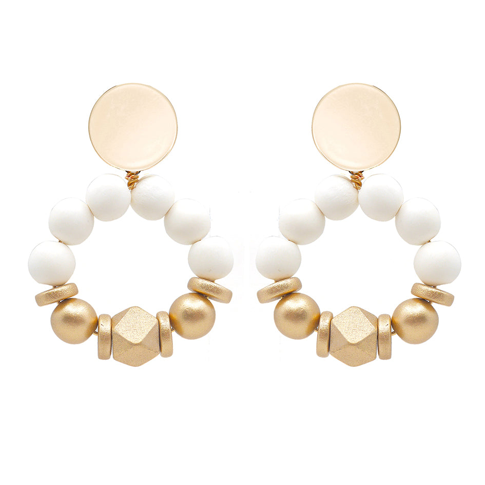 THE SASHA White & Gold Wooden Bead Statement Earrings