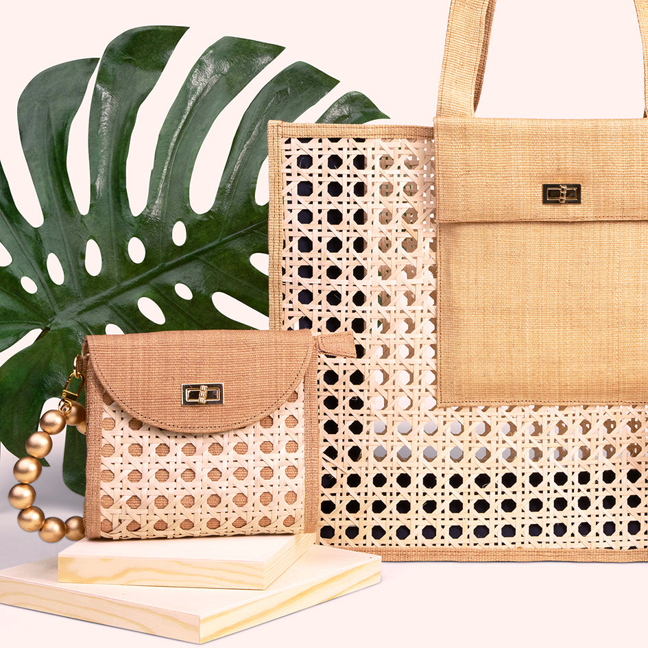 THE DAVINA Tan & Gold Rattan Woven Wristlet Purse