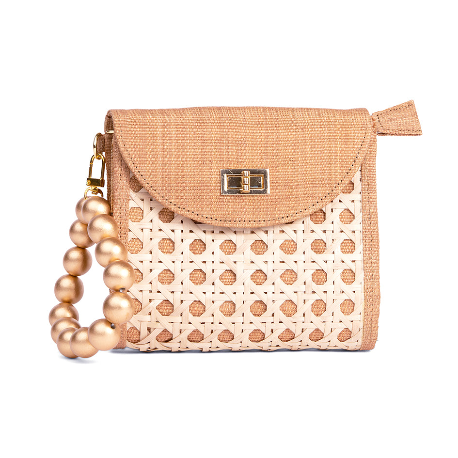 THE DAVINA Tan & Gold Rattan Woven Wristlet Purse